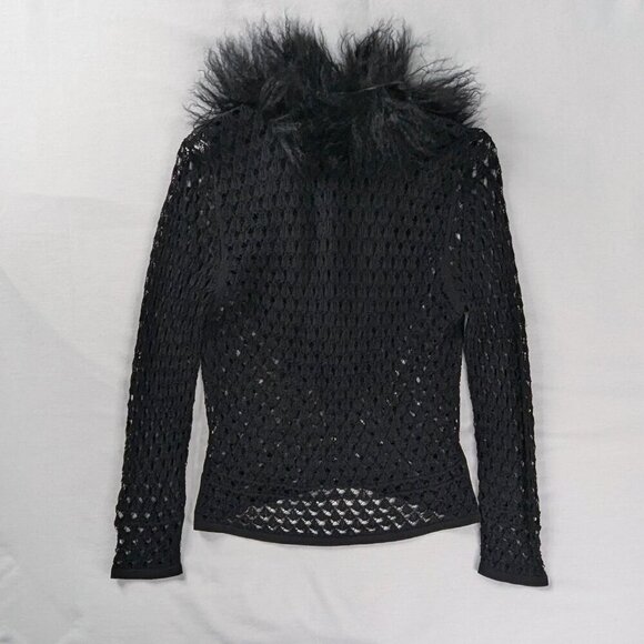 VTG Guess Collection Black Crochet Open Knit Faux Fur Curly Trim Cardigan Y2k - Picture 5 of 8